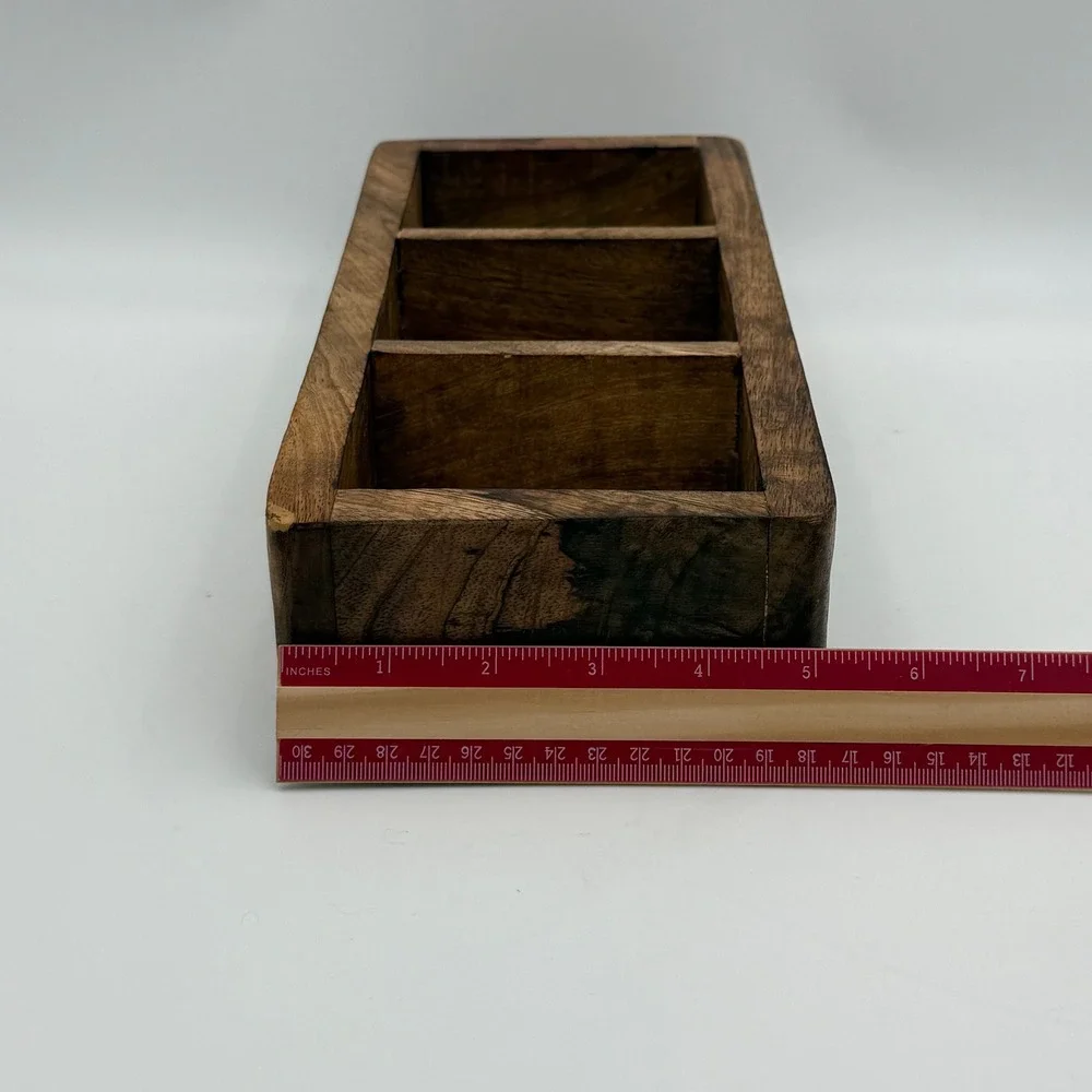 Hand Carved Wooden Triple Moon 3 Compartment Organizer Box Celestial Decor